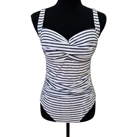 Swimsuit White/Blue Striped Women's 1 Piece - Picture 1 of 6